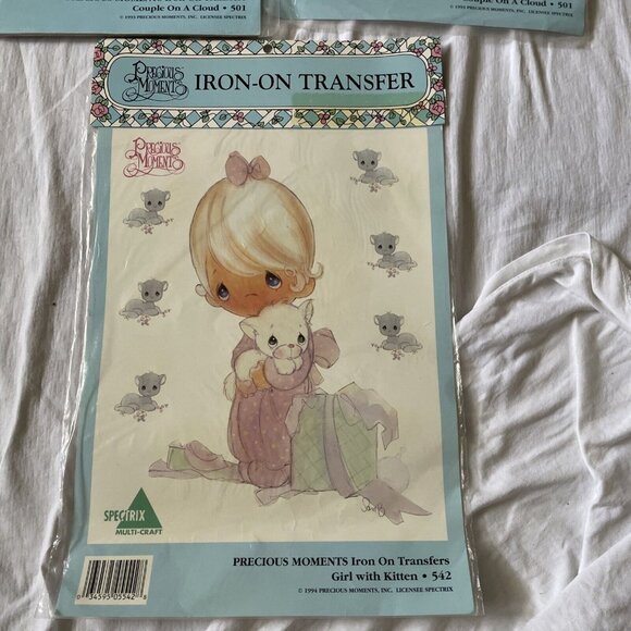 Precious Moments Iron-On Transfers Girl With Kitten & Couple On A Cloud Designs - Picture 2 of 9